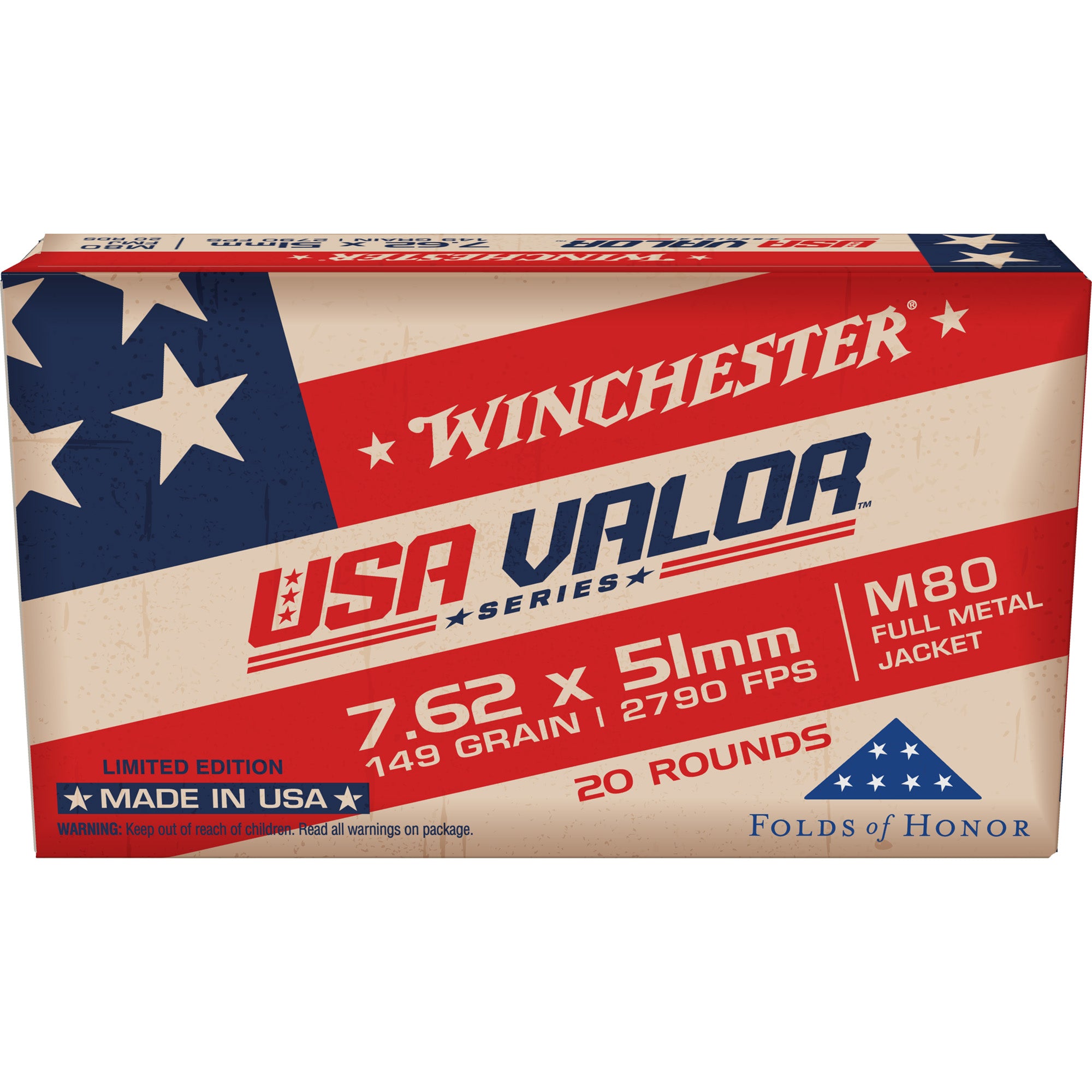 Winchester .308 Win USA Valor M80 149gr FMJ Ammo 2790 FPS