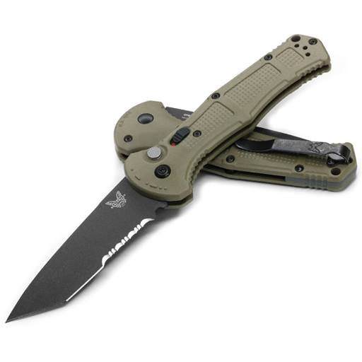Benchmade Claymore Push Button Auto Ranger Green Grip Black Serrated Tanto Blade- 9071SBK-1