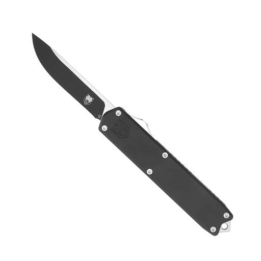 Cobra Tec Knives Large Dominator Out The Front Switchblade Black Grip Satin Drop Point Blade- CTDOMBLK