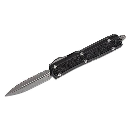 Microtech Makora Double Edged Full Serration on one Side Black Scale Stonewash Blade Out the Front Auto- 206-12APS