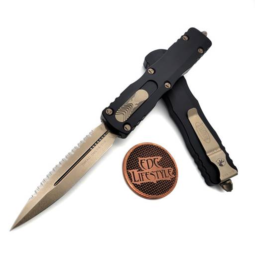 Microtech Dirac Delta Double Edged One Side Full Serration Black Scale Bronze Blade Out the Front Auto- 227-15