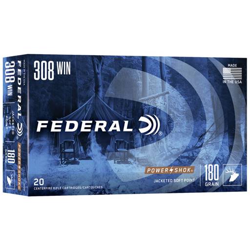 Federal Power Shok 308 winchester 180 grain jacketed soft point 20 round box- 308B