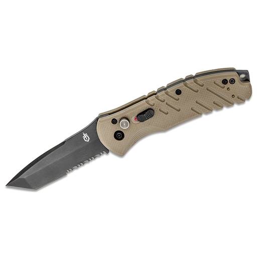 Gerber Propel Downrange Push Button Auto Tan Handle Black Partial Serration Tanto Blade- 30-000717
