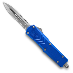 Cobra Tec Knives Medium FS-X Push Button Auto Blue Handle Satin Partial Serration Dagger Blade- MBLUFS-XMDAG2SS