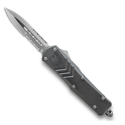 Cobra Tec Knives Medium FS-X Push Button Auto Grey Handle Satin Partial Serration Dagger Blade- MGYFS-XMDAG2SS
