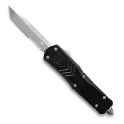 Cobra Tec Knives Large FS-X Push Button Auto Black Handle Satin Partial Serration Tanto Blade- LBLKFS-XLTS