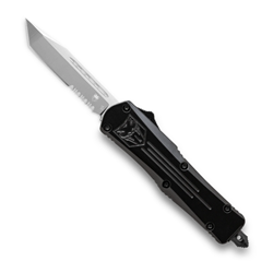 Cobra Tec Knives Small FS-3 Push Button Auto Black Handle Satin Partial Serration Tanto Blade- SBFS-3TS