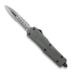 Cobra Tec Knives Small FS-3 Push Button Auto Grey Handle Satin Partial Serration Dagger Blade- SGYFS-3DAG2SS