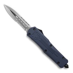 Cobra Tec Knives Small FS-3 Push Button Auto NYPD Blue Handle Satin Partial Serration Dagger Blade- SNYFS-3DAG2SS