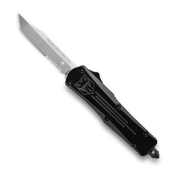 Cobra Tec Knives Medium FS-3 Push Button Auto Black Handle Satin Partial Serration Tanto Blade- MBFS-3TS
