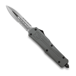 Cobra Tec Knives Medium FS-3 Push Button Auto Grey Handle Satin Partial Serration Dagger Blade- MGYFS-3DAG2SS