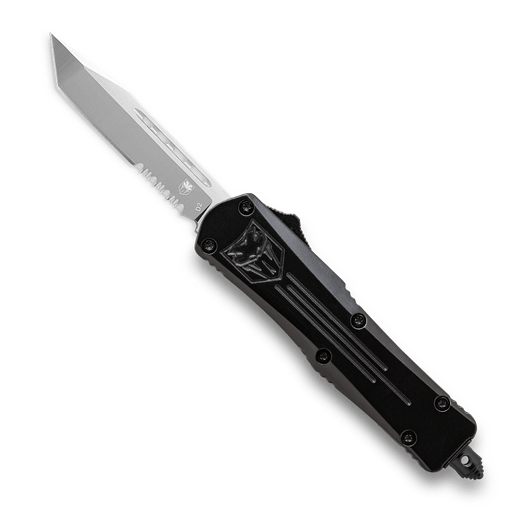 Cobra Tec Knives Large FS-3 Push Button Auto Black Handle Satin Partial Serration Tanto Blade- LBFS-3TS