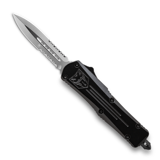 Cobra Tec Knives Large FS-3 Push Button Auto Black Handle Satin Partial Serration Dagger Blade- LBFS-3DAG2SS