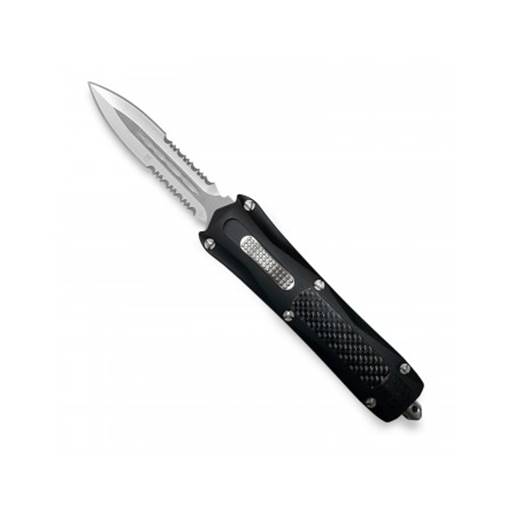 Cobra Tec Knives King Cobra Push Button Auto Black Handle Satin Partial Serration Dagger Blade- BLKKCDAG2SS