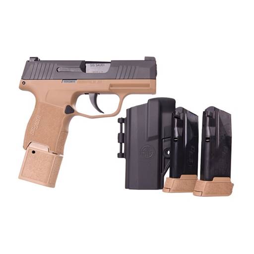 Sig SauerP365 Tacpac Coyote Tan Black Slide 9MM No Safety 3.1" Barrel 12 Rounds Extra Mags Holster - 365-9-RTXR3-COY-TACPAC