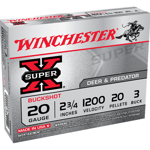 Winchester Super X 20 Gauge 2 3/4in 3 Buckshot 20 Pellets 5 Round Box- XB203
