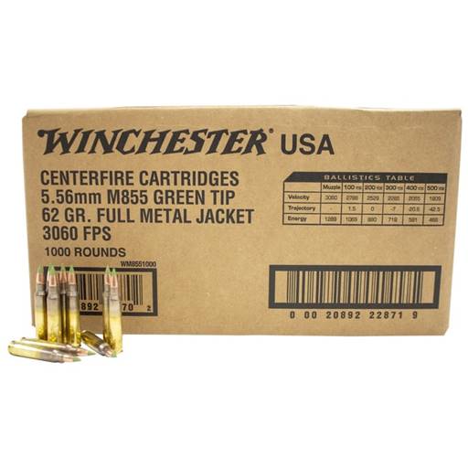 Winchester M855 556 62 Grain Green Tip Full Metal Jacket 1000 Round Case- WM8551000