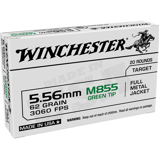 Winchester M855 556 62 Grain Green Tip Full Metal Jacket 20 Round Box- WM855K