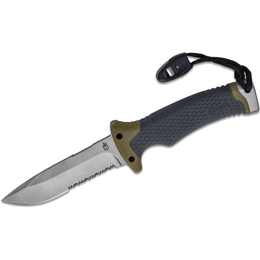 Gerber Ultimate Survival Black Handle Stonewash Partial Serration Drop Point Fixed Blade- 30-001829