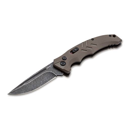 Boker Plus Intention II Push Button Auto Brown Black Stonewash Drop Point Blade- 01BO483
