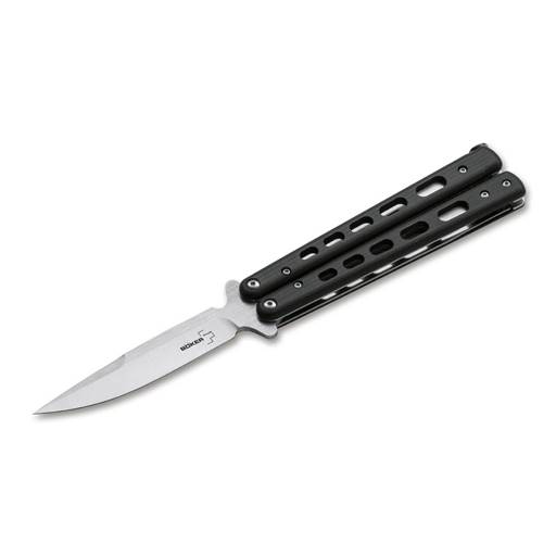 Boker Balisong Large Black Handle Satin Drop Point Blade- 06EX228