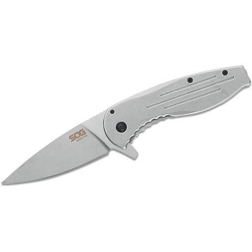 SOG AEGIS FLK Drop Point Stonewashed Blade Stainless Grips- SOG-14-41-02-42