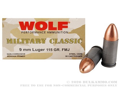 50 Rounds of 9mm Ammo by Wolf - 115gr FMJ
