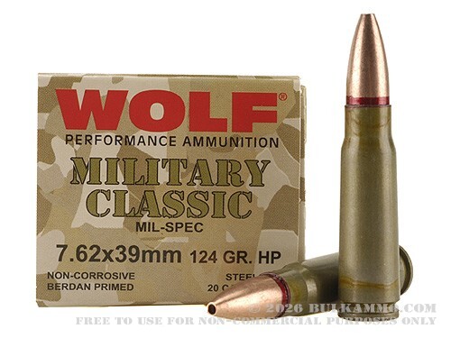1000 Rounds of 7.62x39mm Ammo by Wolf - 124gr HP