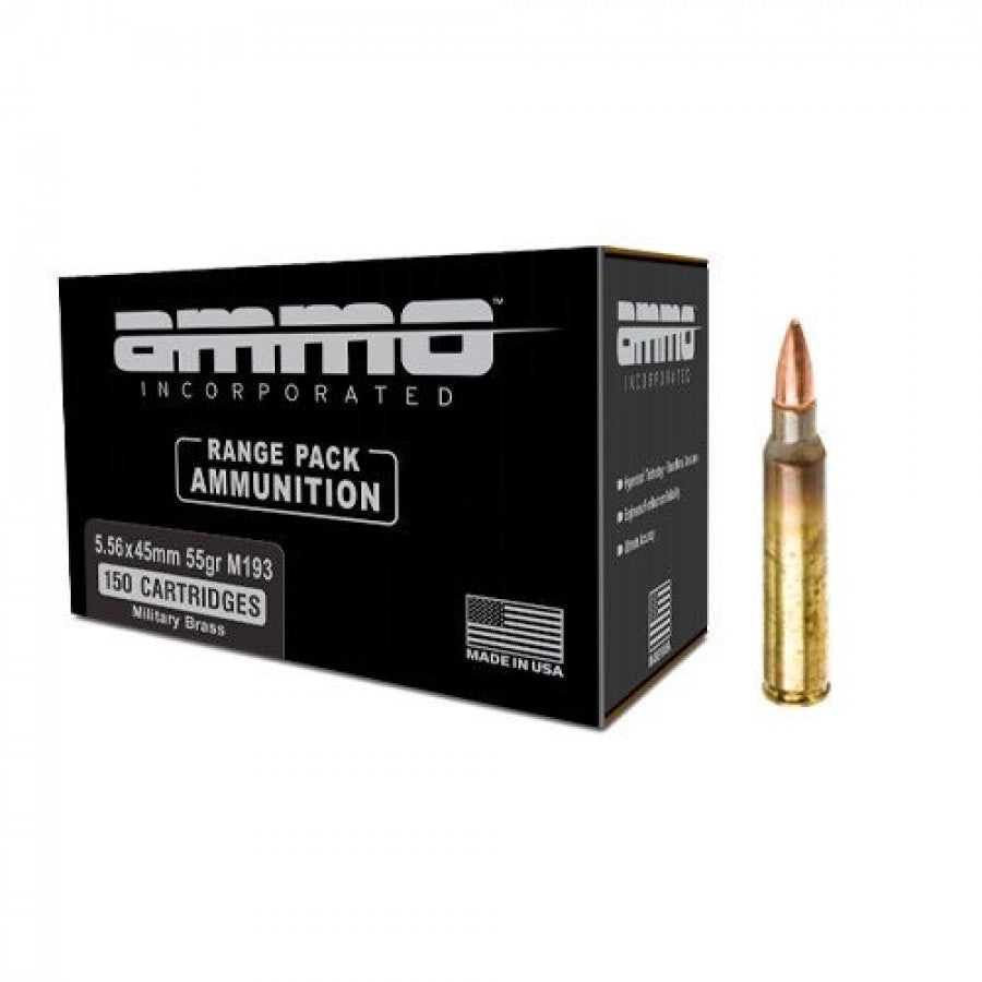 Ammo Inc 5.56x45mm Ammunition55 Grain M193 Full Metal Jacket Military Brass Range Pack 150 Rounds AI556055FMJ-MS150