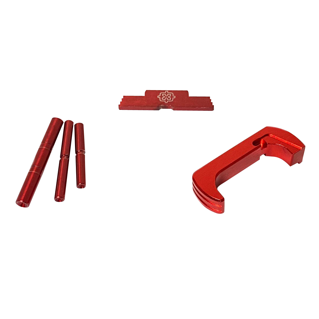Cross Armory CRGOKRD 3-Piece Kit Glock Gen 1-3 Dimpled Pin Set, Extended Magazine Catch & Extended Slide Lock - Red Anodized Steel/Aluminum
