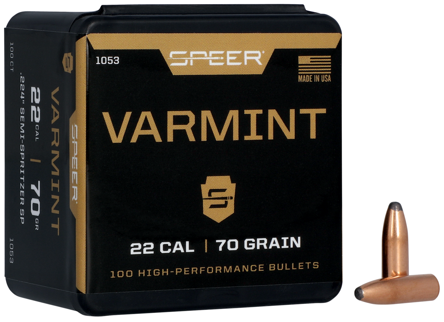 Speer 1053 Varmint .22 Cal .224 70gr Jacketed Soft Point 100/Box