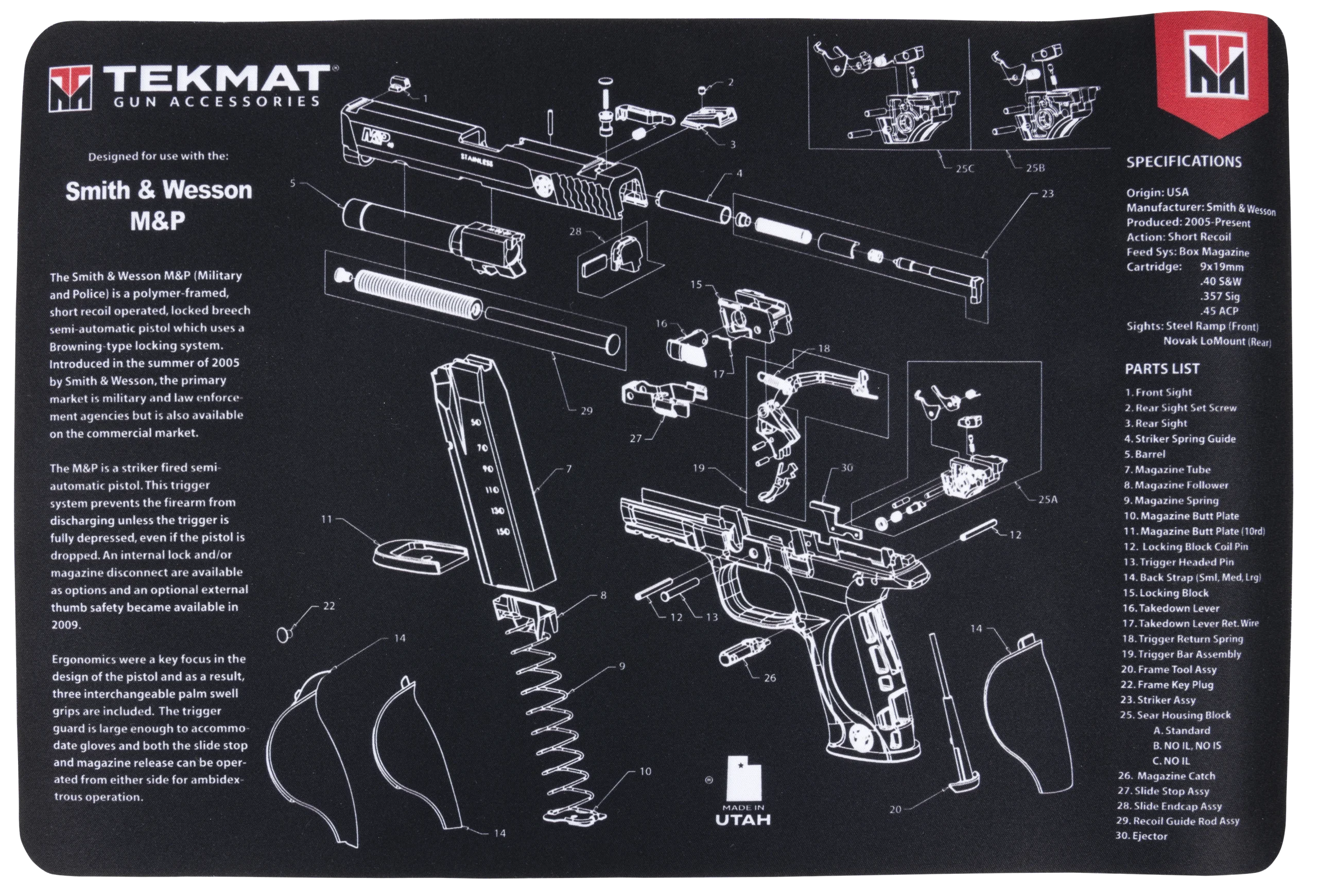 TekMat S&W M&P Cleaning Mat 11" x 17" Black/Gray Rubber Parts Diagram