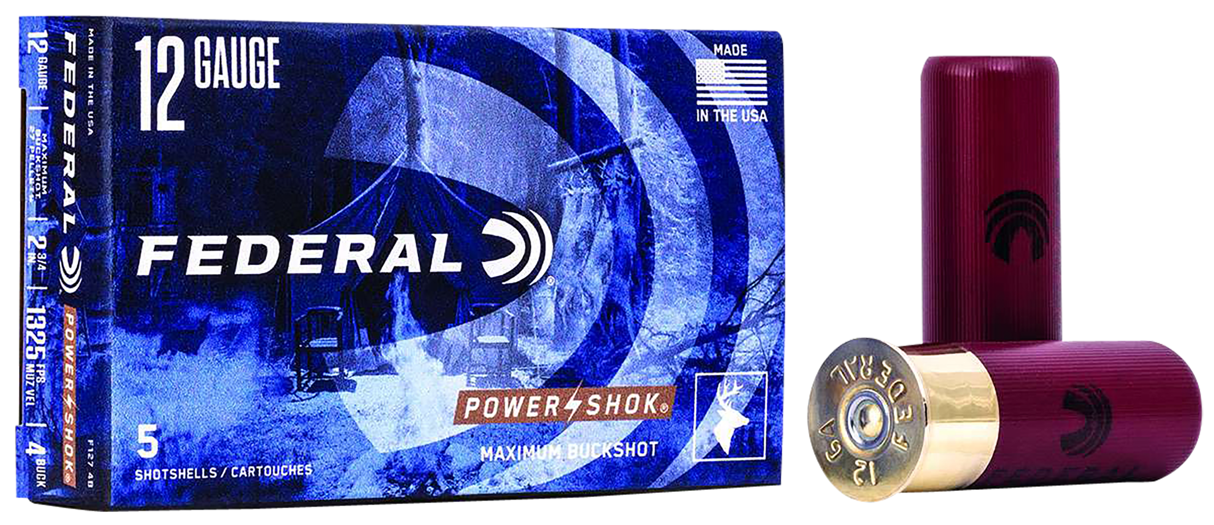 Federal Power-Shok Magnum 12 Gauge 2.75" 27 Pellets 1 1/4 oz 4 Buck Shot 5 Rounds - Box or Case