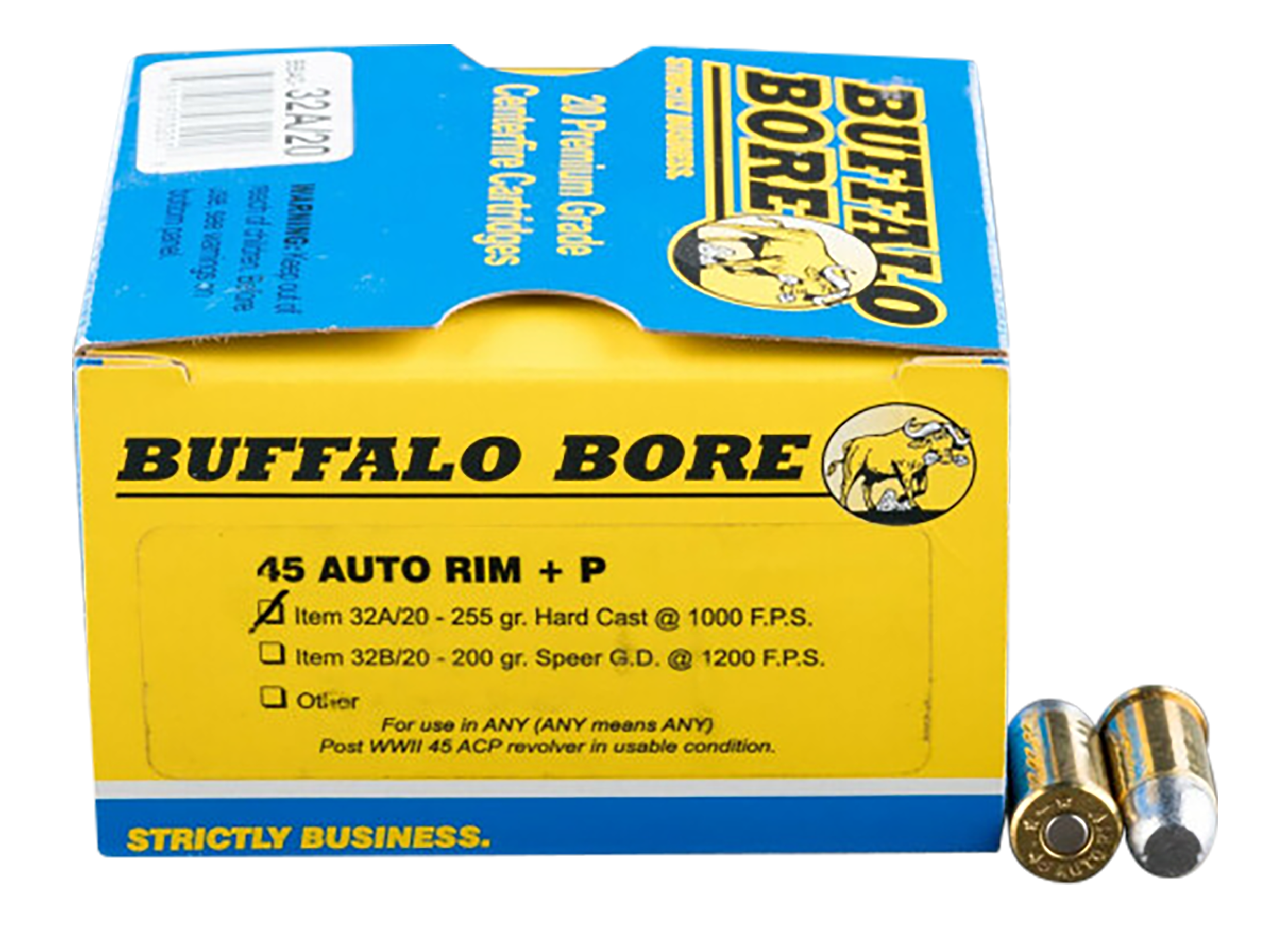 Buffalo Bore Ammunition 32A20 Personal Defense Strictly Business 45 Auto Rim +P 255gr Hard Cast Flat Nose 20 Rd Box - Box or Case