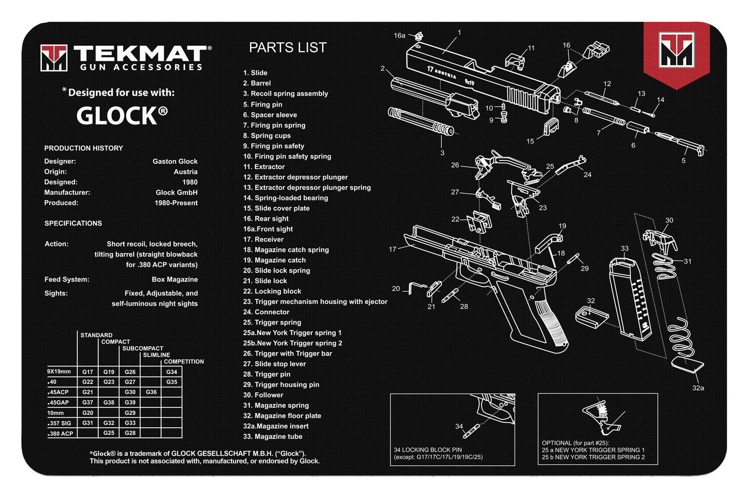 TekMat TEKR17GLOCK Original Cleaning Mat 11"x17" Rubber - Glock Parts Diagram - Black/White