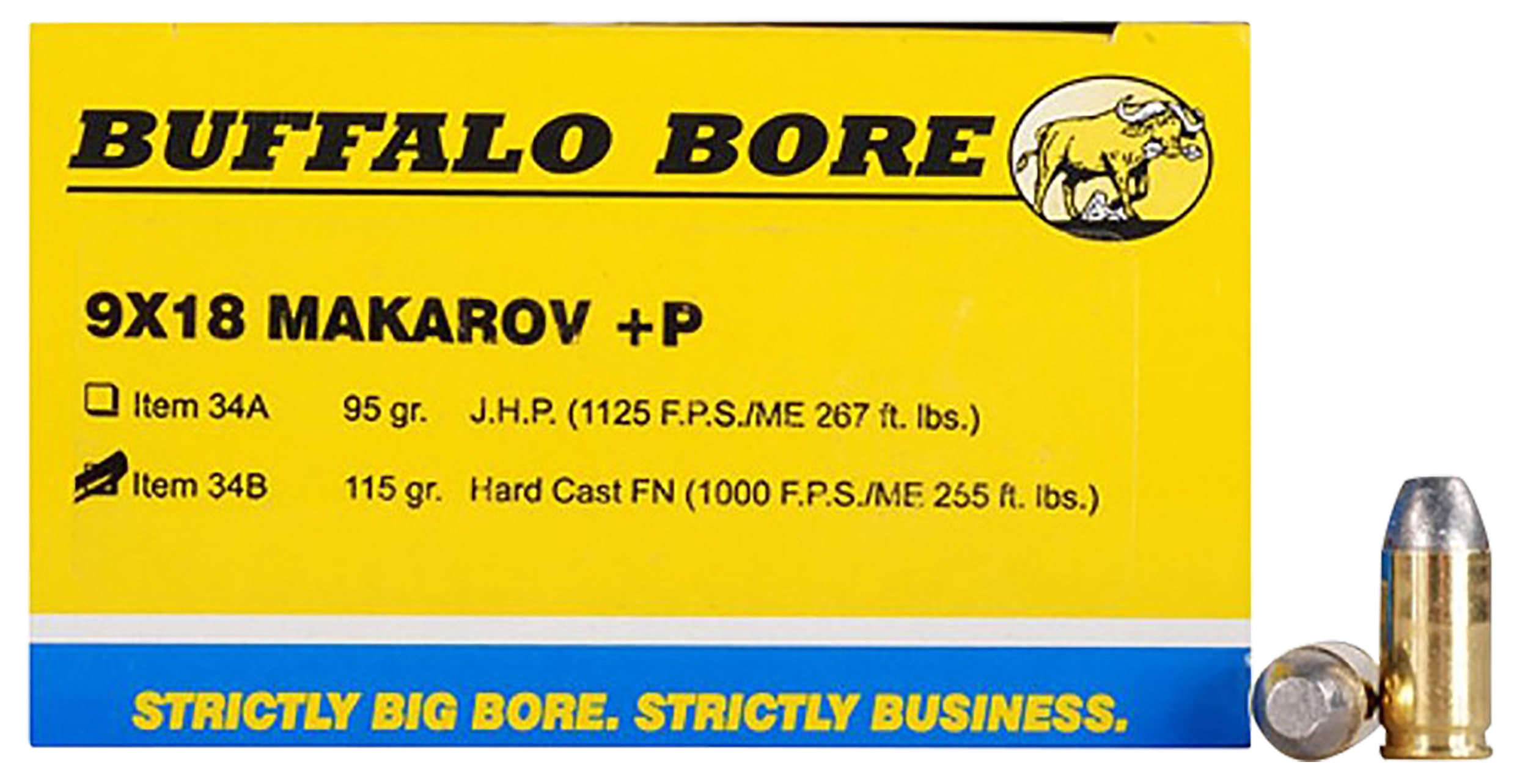 Buffalo Bore Ammunition 34B/20 Personal Defense Strictly Business 9x18 Makarov +P 115 gr Hard Cast Flat Nose - Box or Case