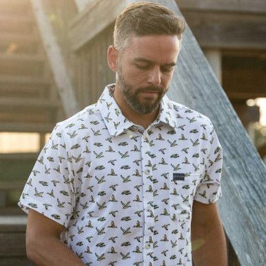 Burlebo Men's Performance Button Up - Flying Mallard Ducks